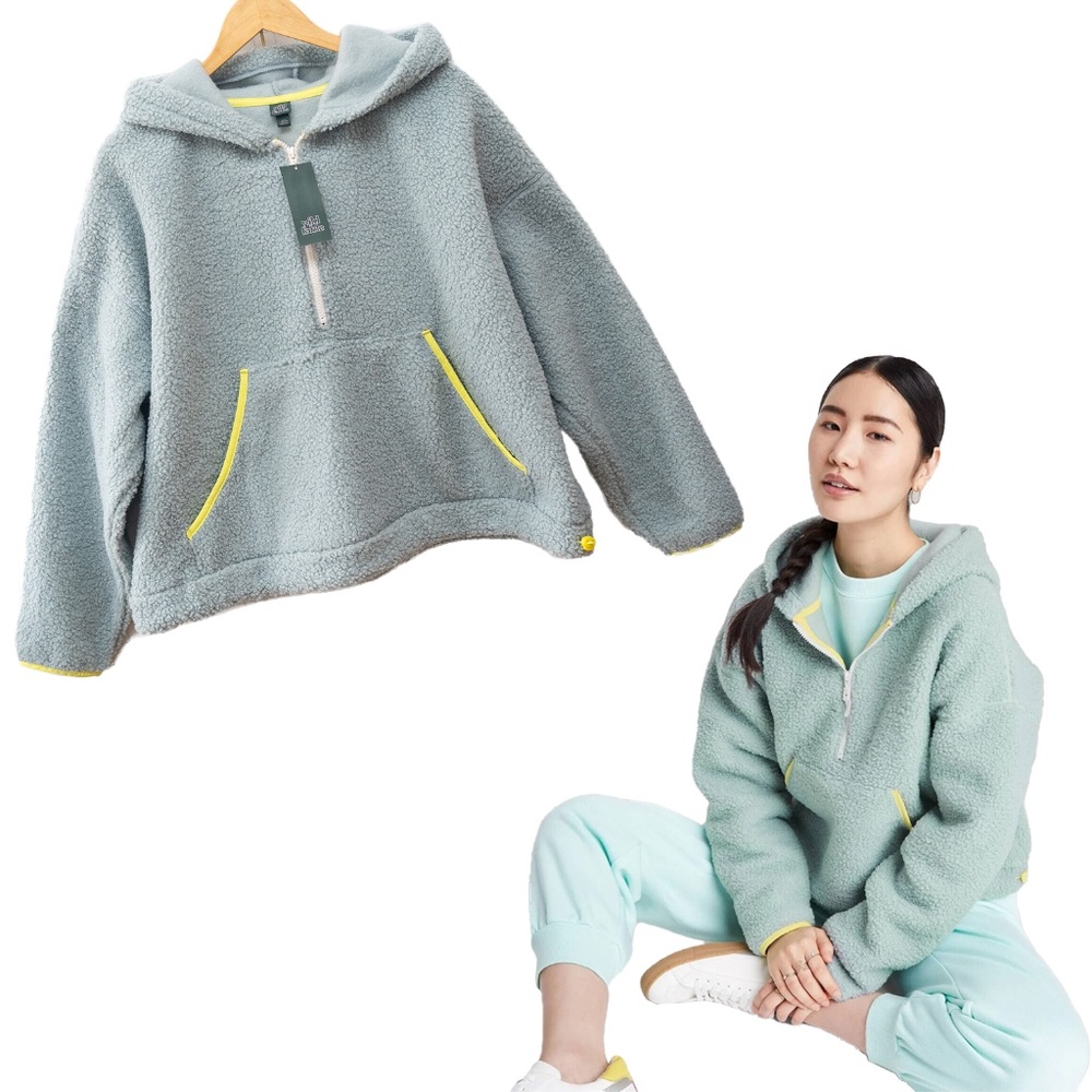 NWT Wild Fable Half Zip Anorak Hoodie Sherpa - Teal/Yellow - Size XXL